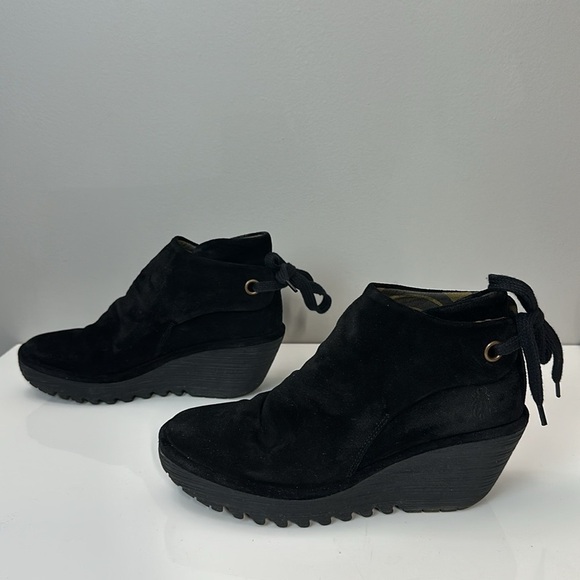 Fly London Yebi Ruched Suede Wedge Booties Size 10 - Picture 3 of 16